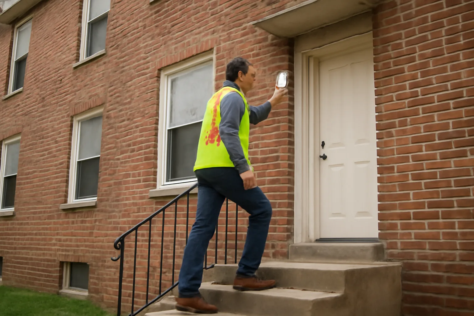 City inspector checking a smoke detector during a rental property inspection visit