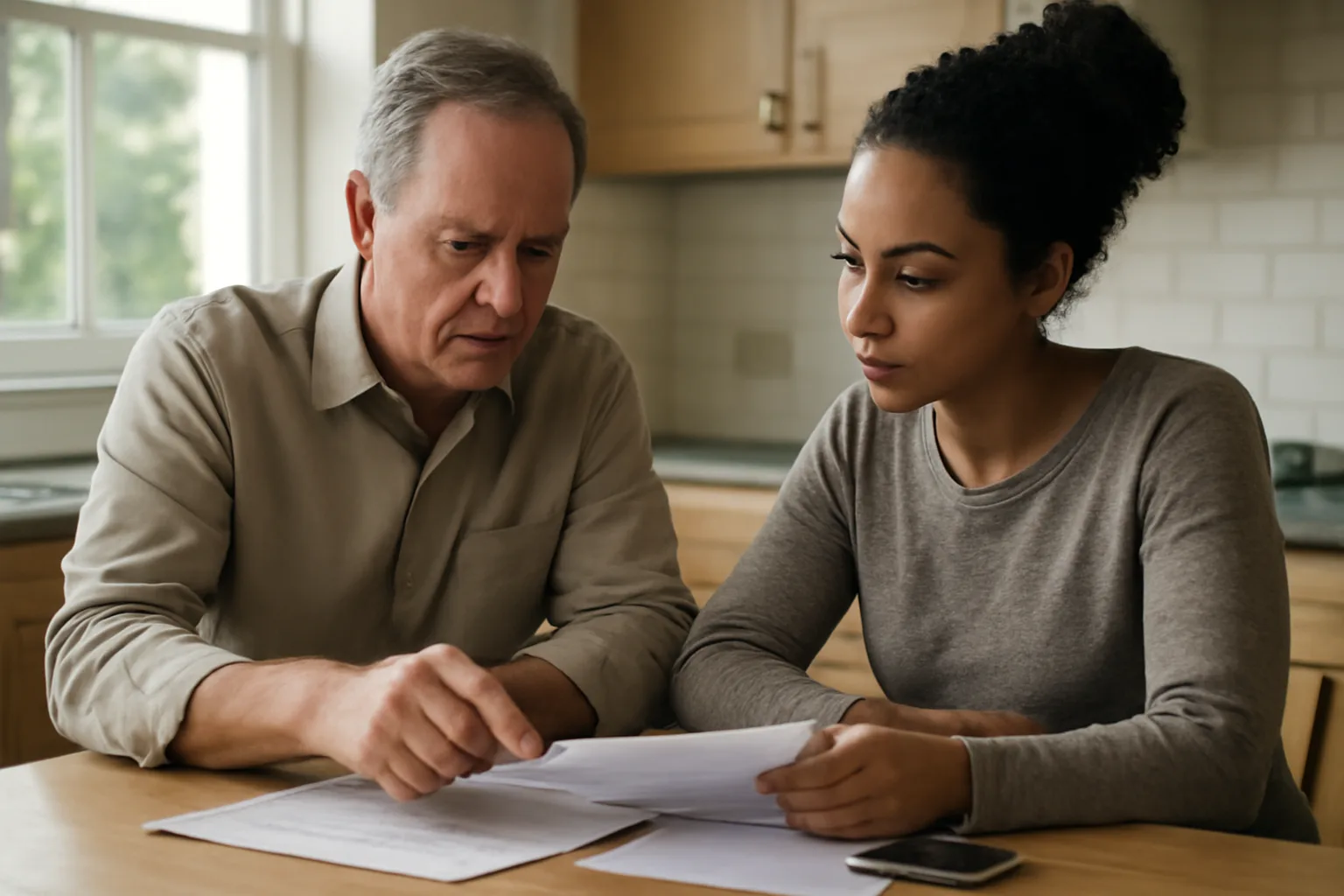 Landlord and applicant reviewing income documents at a kitchen table during screening