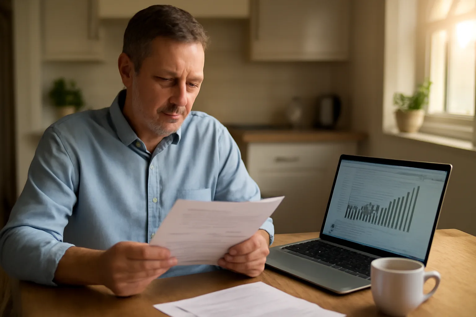 Landlord reviewing a printed rental application and credit report at a kitchen table