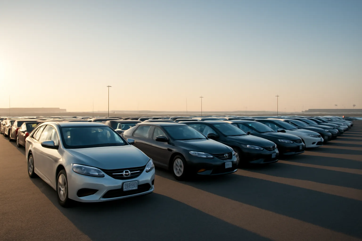 Rows of rental cars with different state license plates in an airport lot
