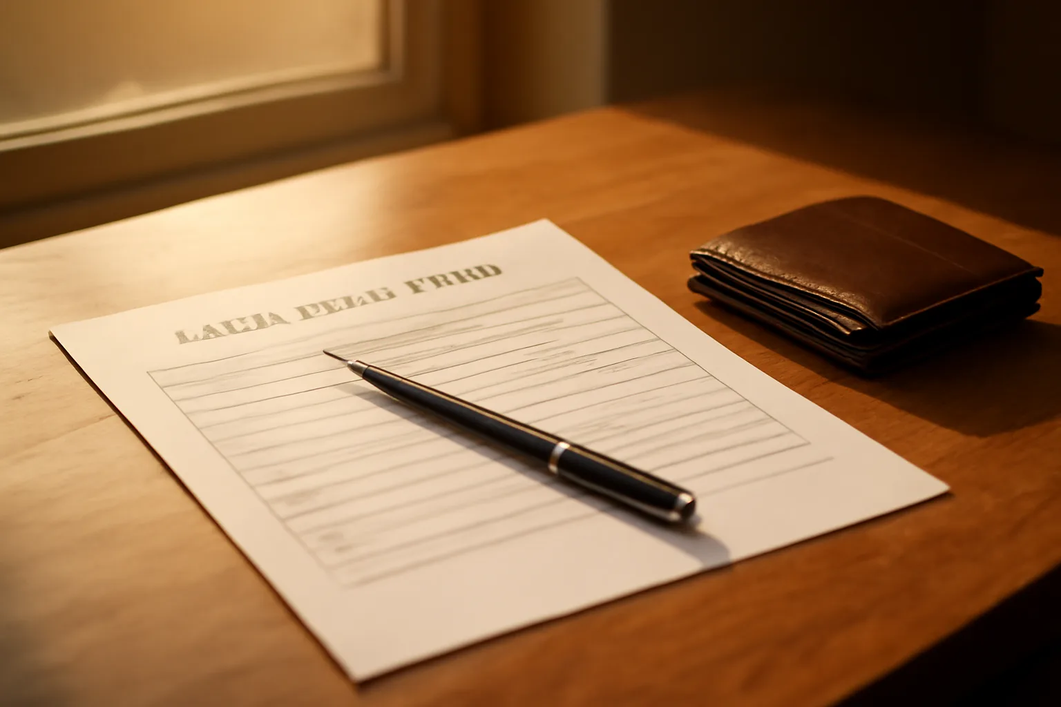 Rental application papers and an open wallet on a table near a window
