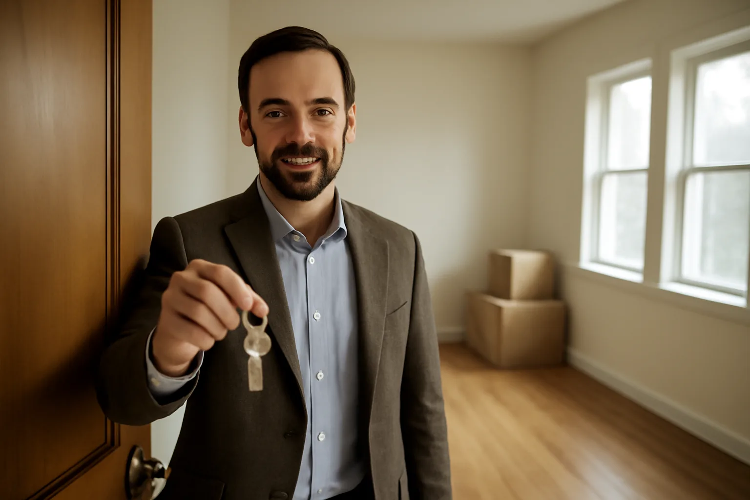 Landlord holding keys in an empty apartment during a rental licensing walkthrough