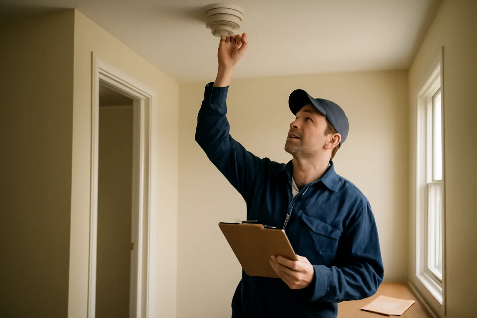 Landlord inspecting a smoke detector in a rental unit hallway during a habitability check