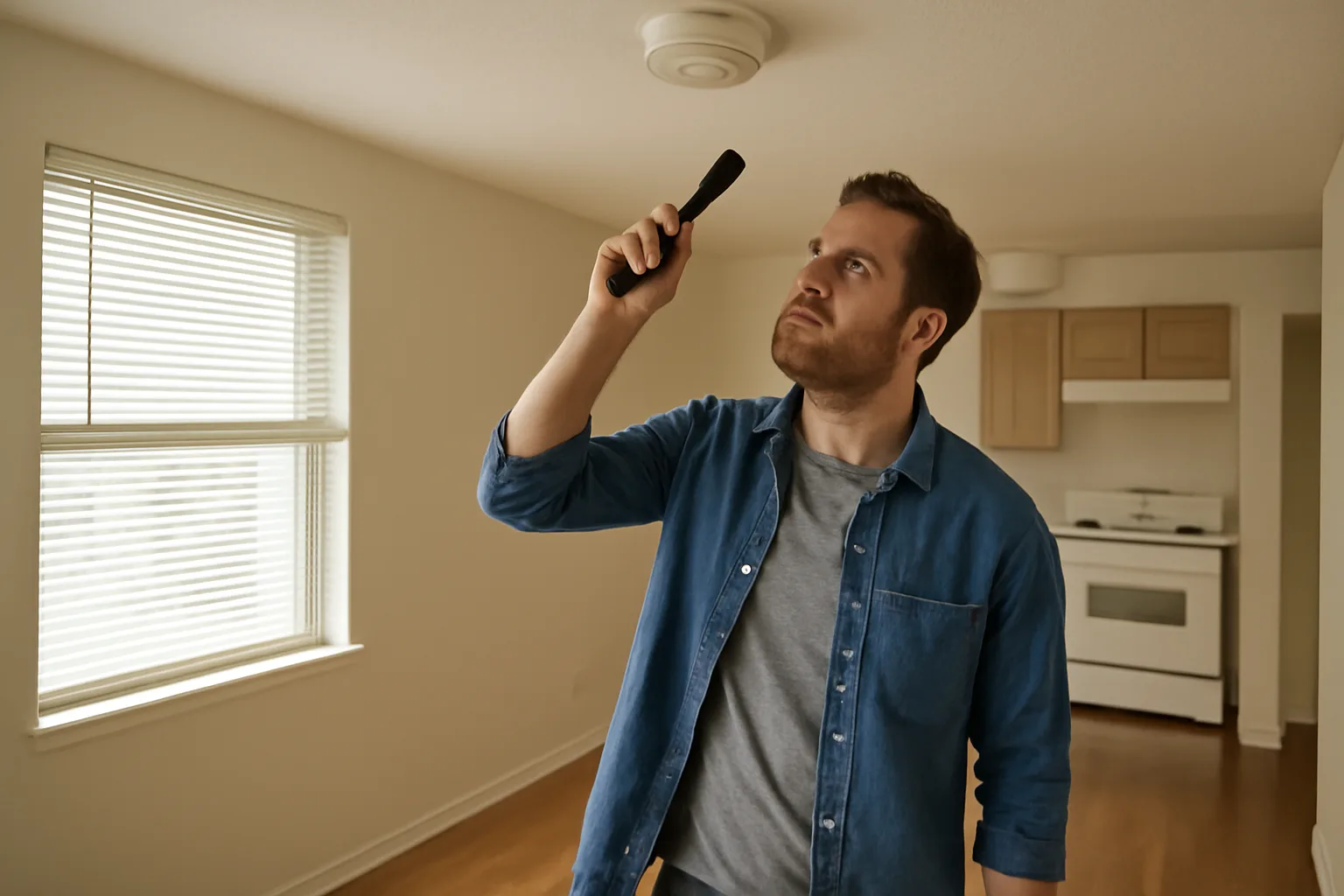 Landlord checking a smoke detector during a rental unit walk-through inspection
