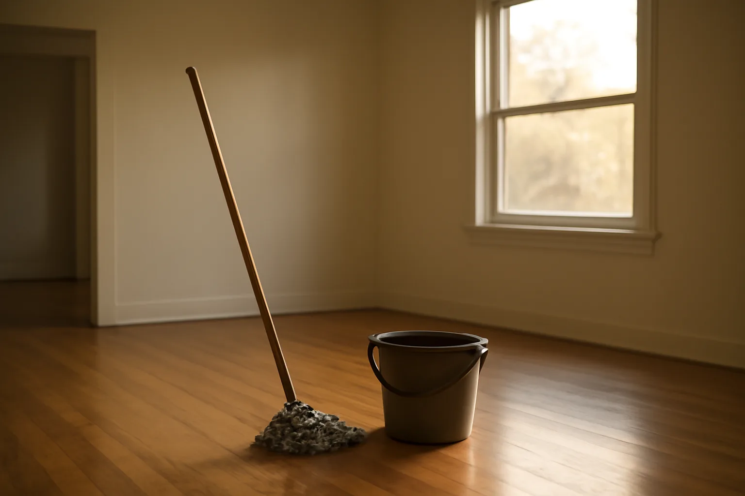 Empty apartment unit with mop and bucket during tenant turnover cleaning