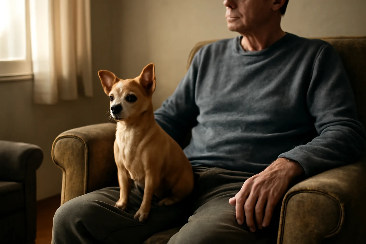 Small dog sitting calmly next to a tenant in an apartment living room