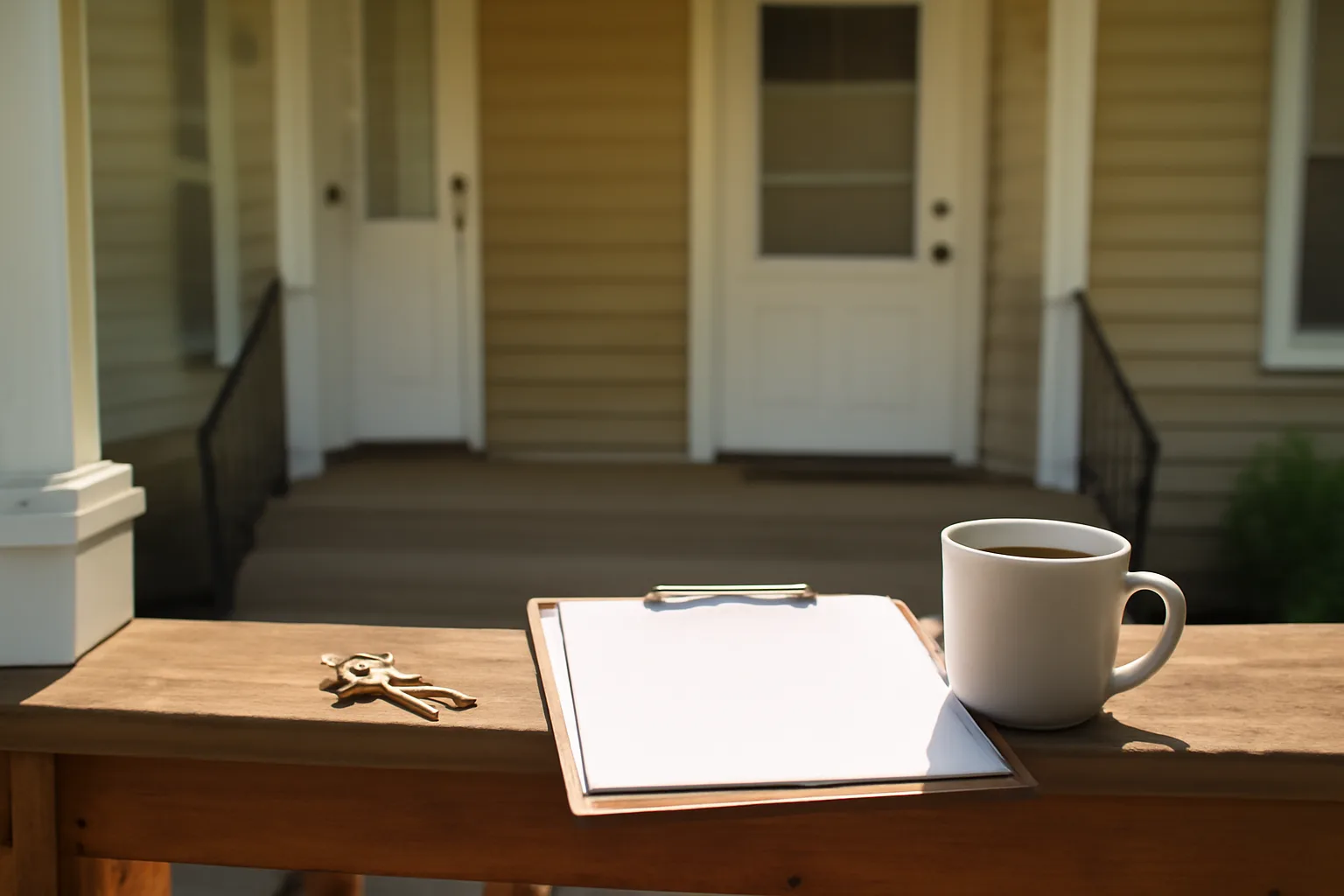 Landlord's clipboard and keys on a porch railing, symbolizing voucher and inspection decisions
