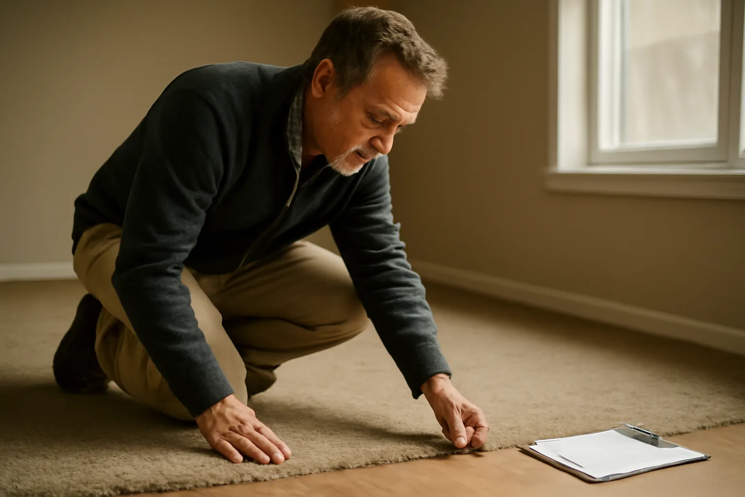 Landlord inspecting worn carpet edge in an empty rental unit during walk-through