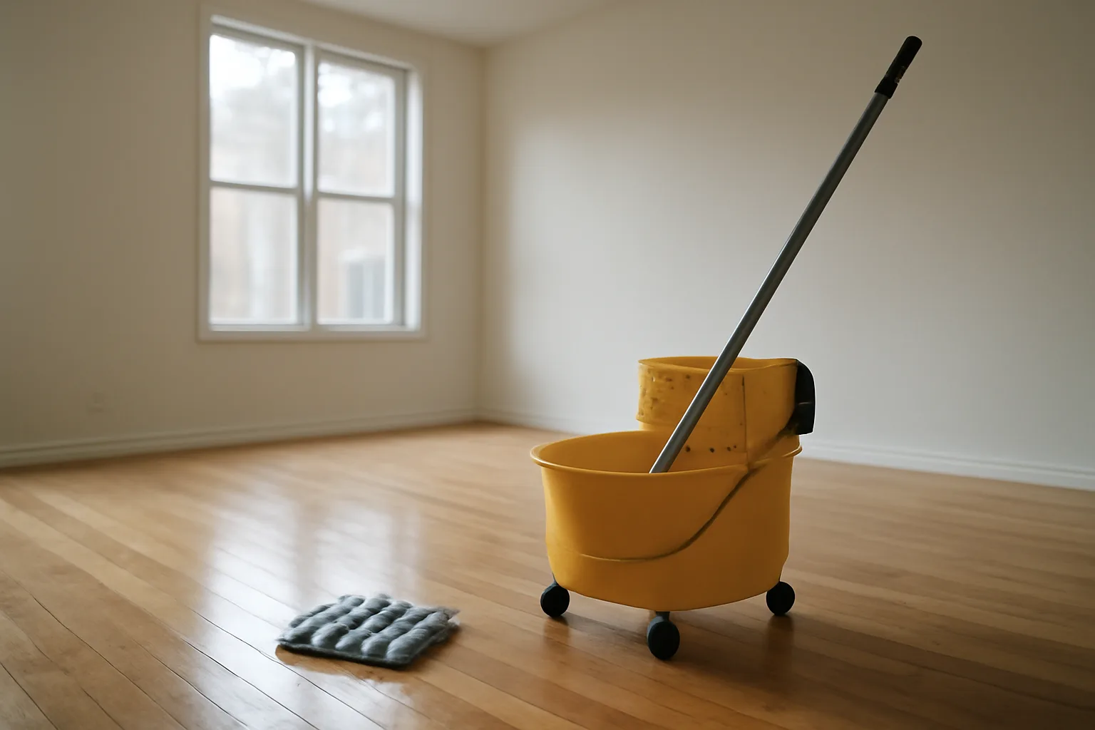 Empty apartment being cleaned between tenants with mop bucket on bare floor