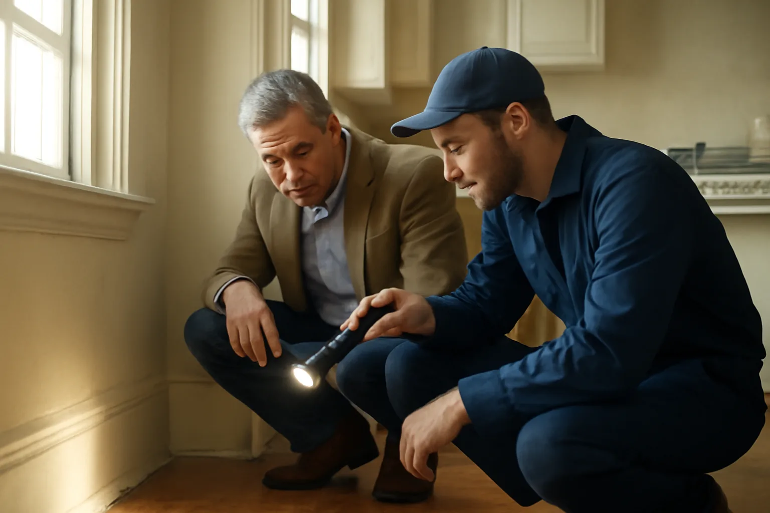 Landlord and pest control technician inspecting a kitchen baseboard gap for pest entry points