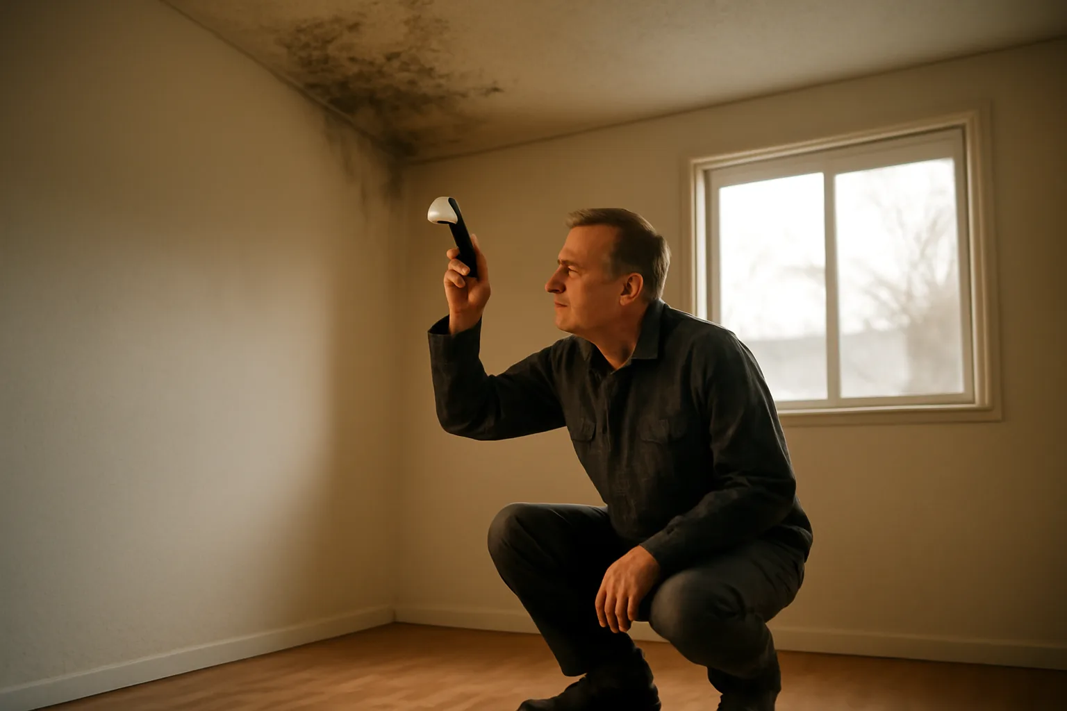 Landlord inspecting a mold-stained ceiling corner in an empty rental unit