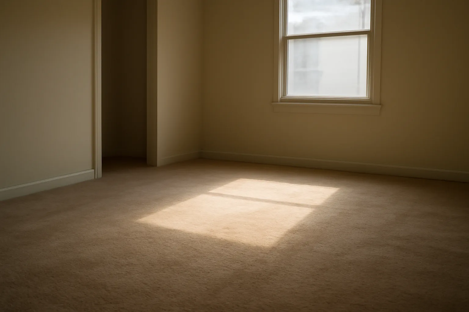 Empty rental bedroom showing worn carpet condition between tenants