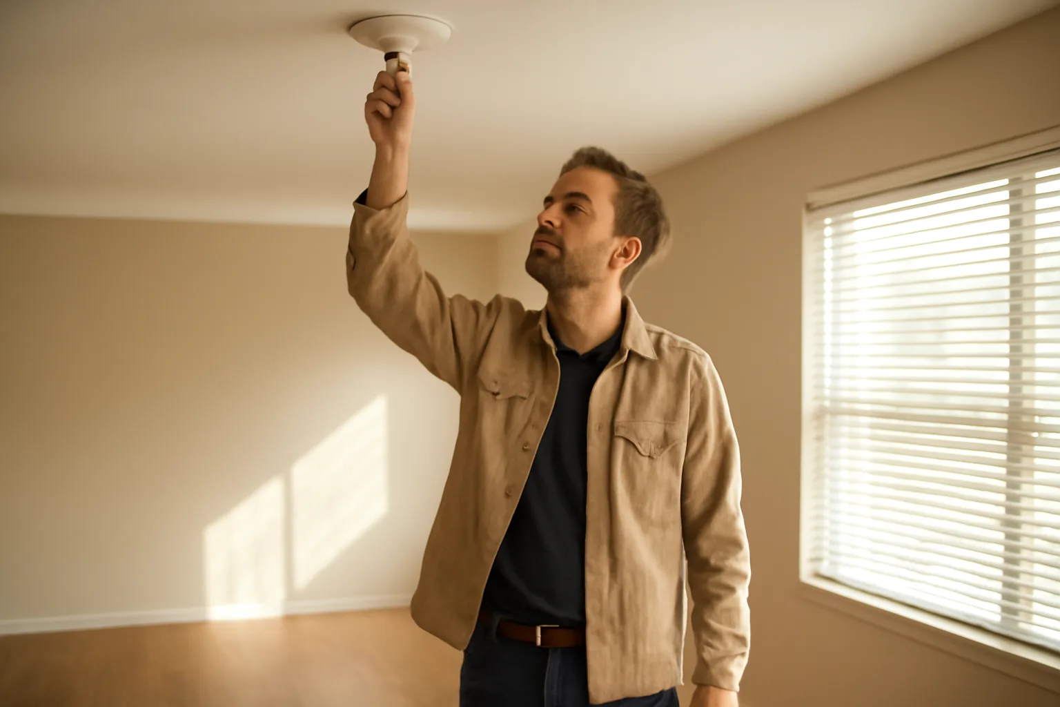 Landlord checking a smoke detector during a rental unit inspection in an empty apartment