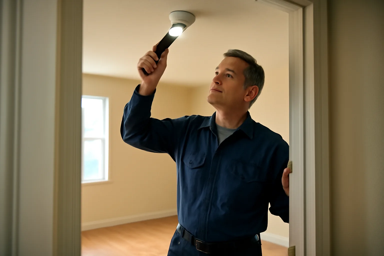 Landlord inspecting a smoke detector inside an empty rental apartment unit