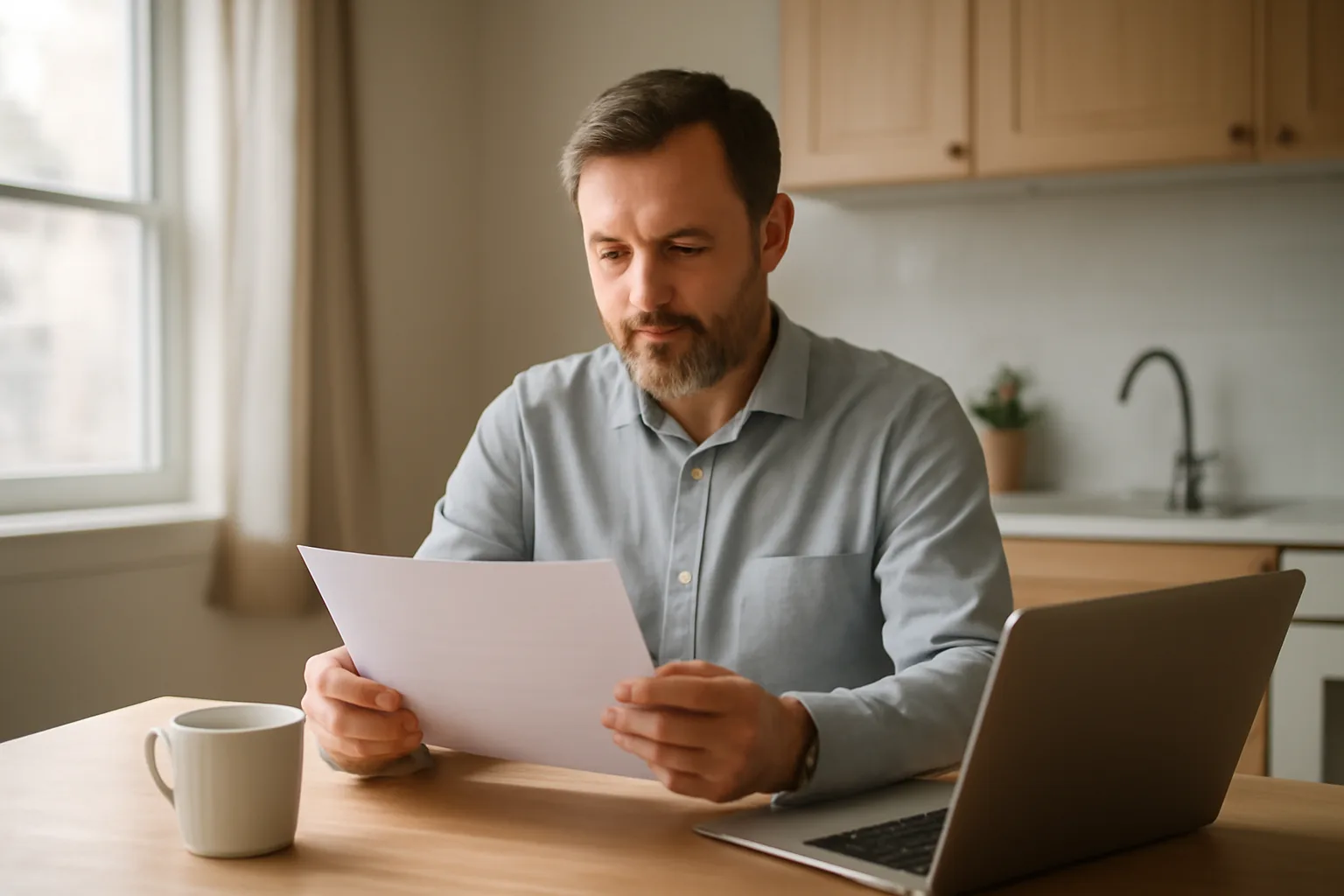 Landlord reviewing tenant screening paperwork at a kitchen table
