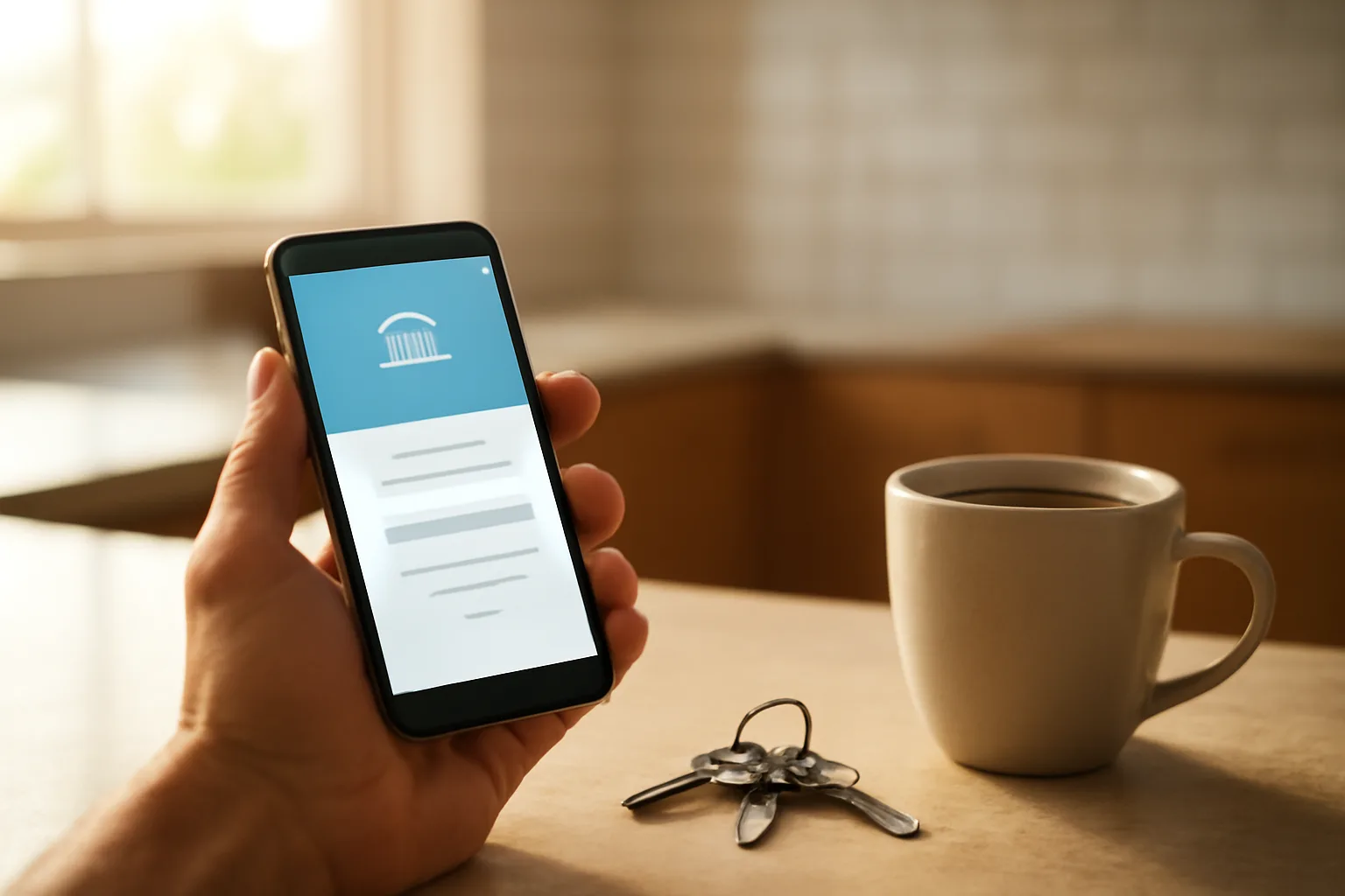 Landlord checking a banking app on a phone at a kitchen counter with rental keys nearby