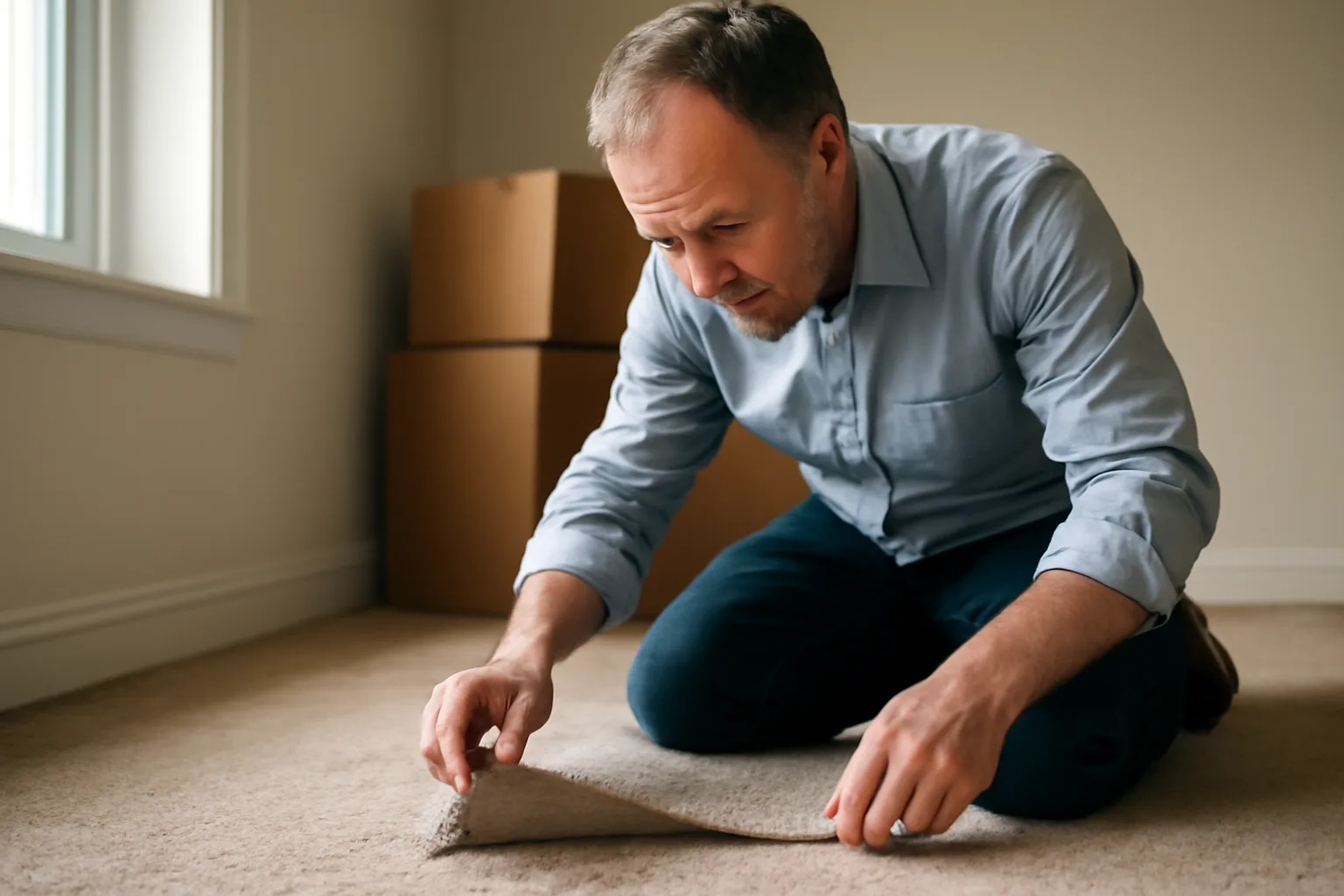 Landlord inspecting a worn, stained carpet corner during a move-out walkthrough