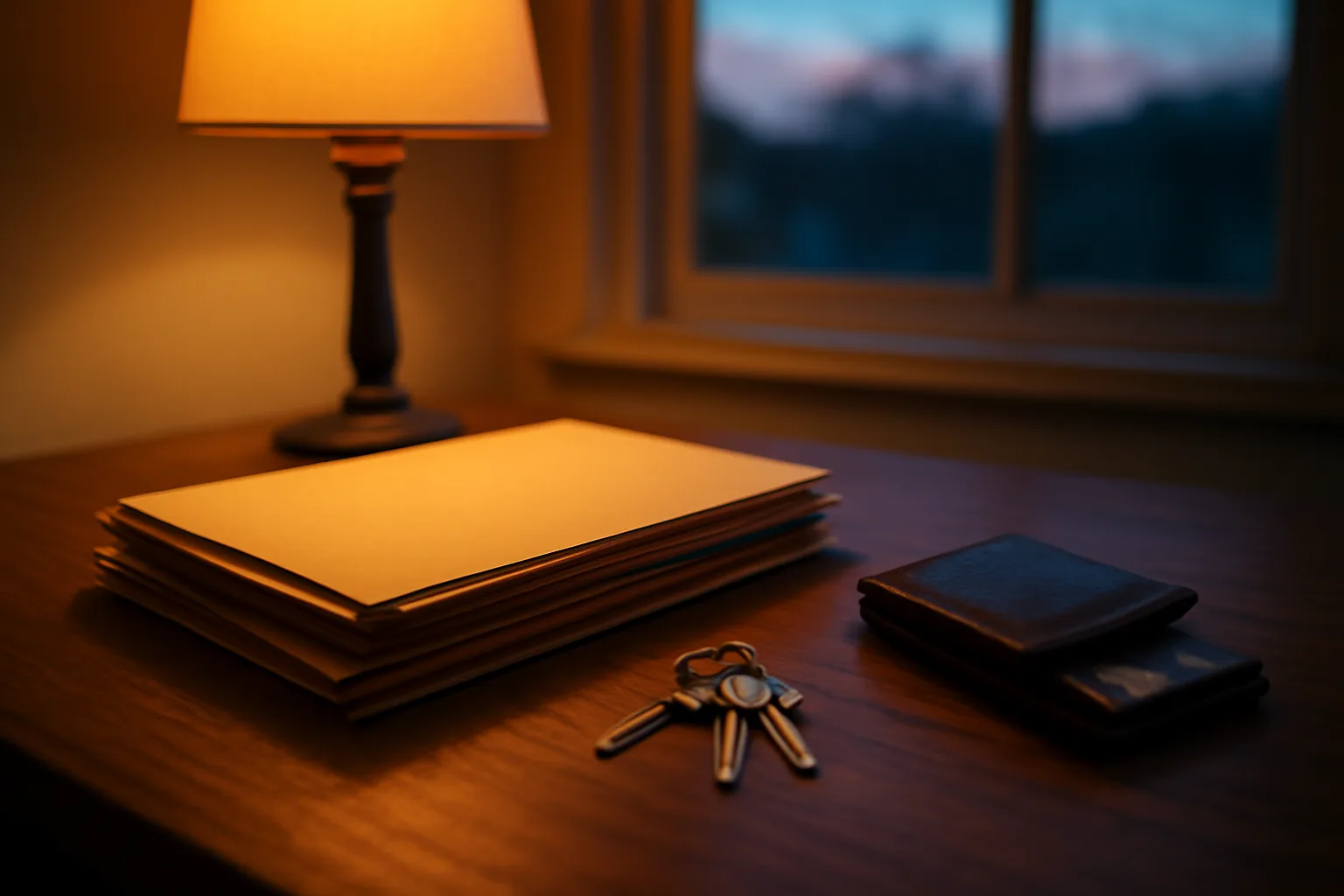 Desk scene with keys, folders, and a wallet showing a license edge, evoking rental applications