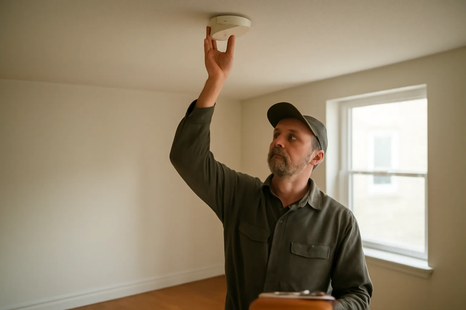 Landlord checking a smoke detector during a rental property inspection walk-through