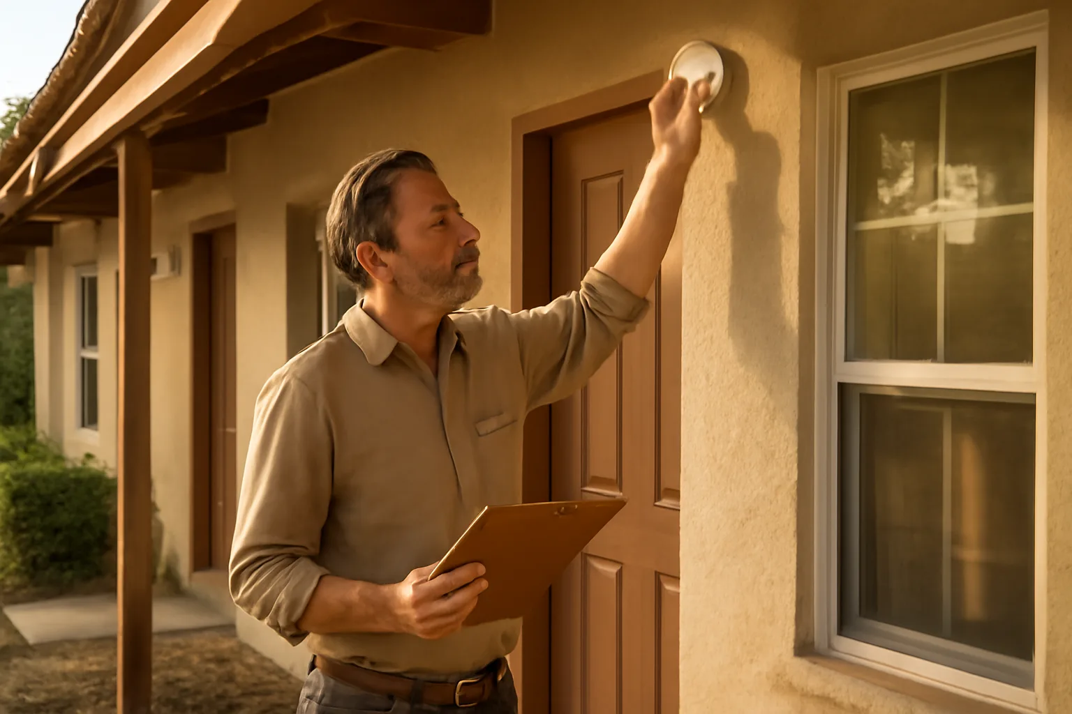 Landlord checking a smoke detector during a rental property inspection walk through