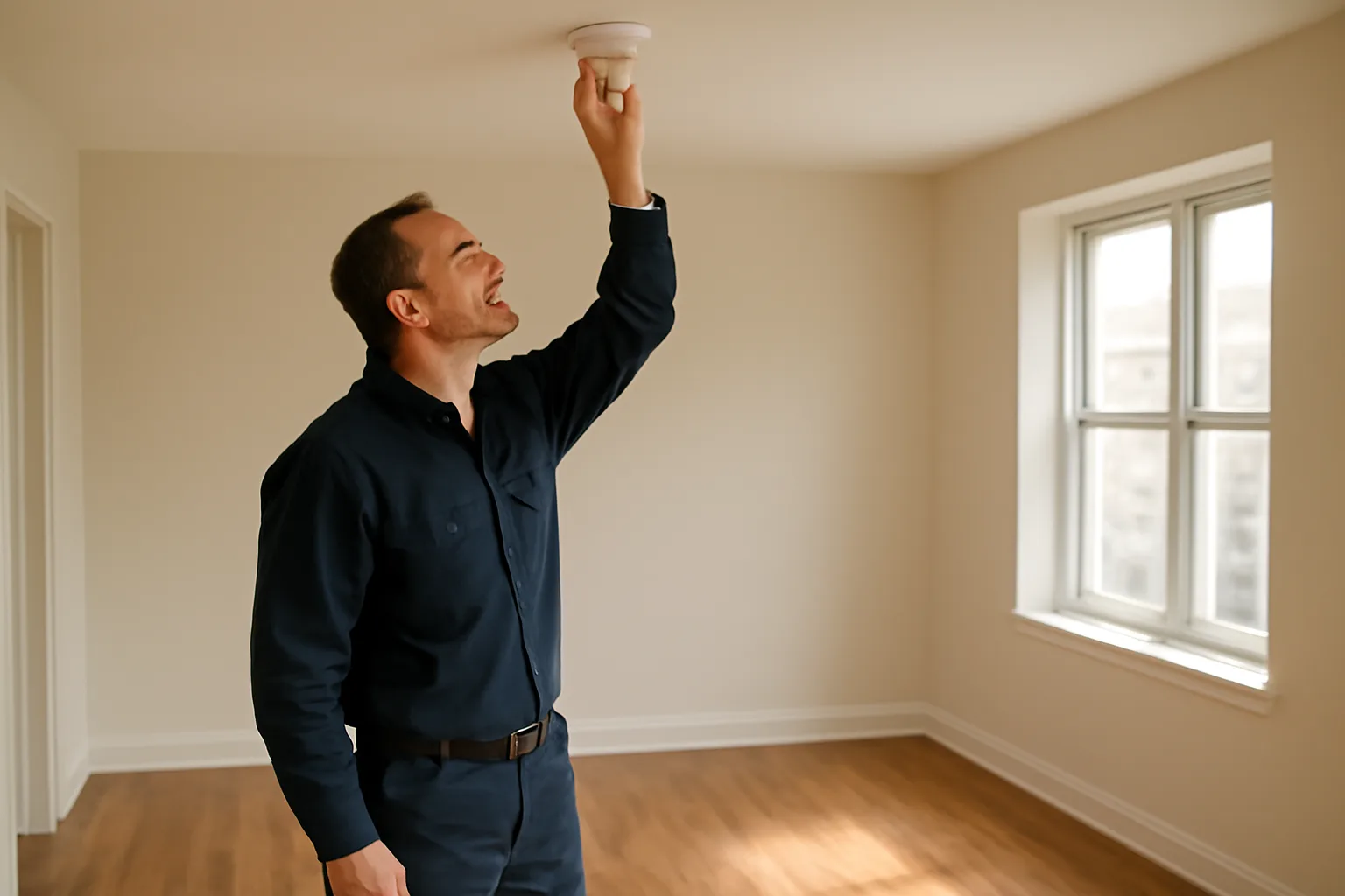 Landlord inspecting a smoke detector in an empty sunlit rental apartment