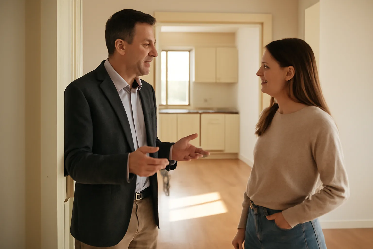 Landlord and new tenant reviewing an empty apartment during a move-in checklist walkthrough