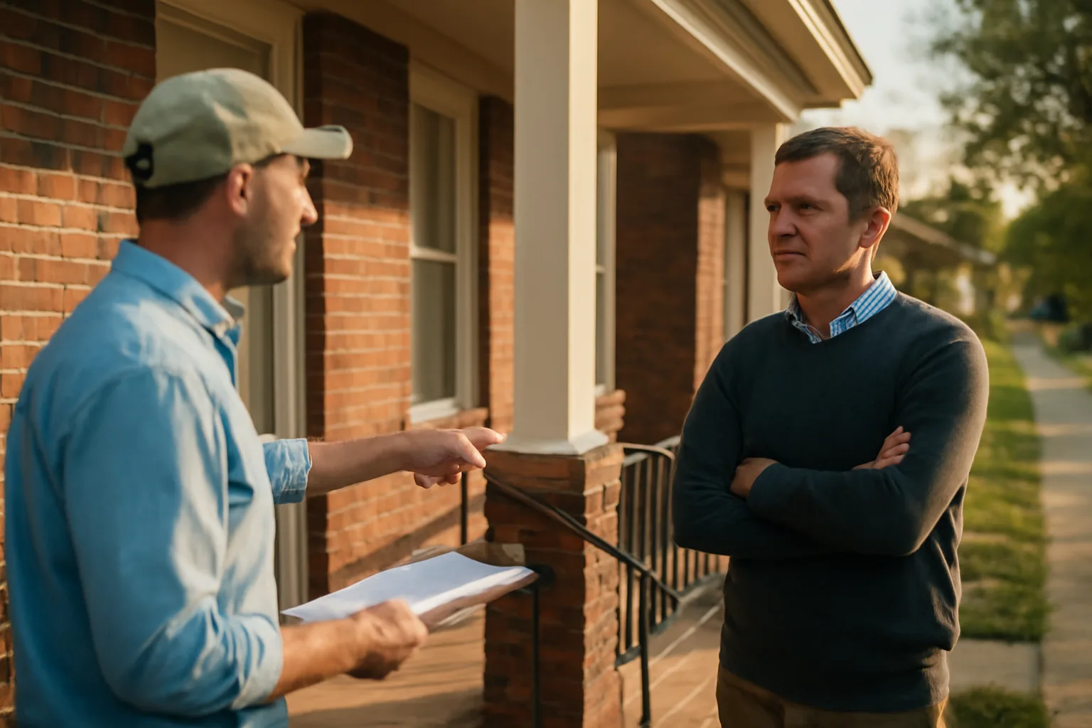 Landlord and city inspector reviewing a rental duplex exterior during a code inspection
