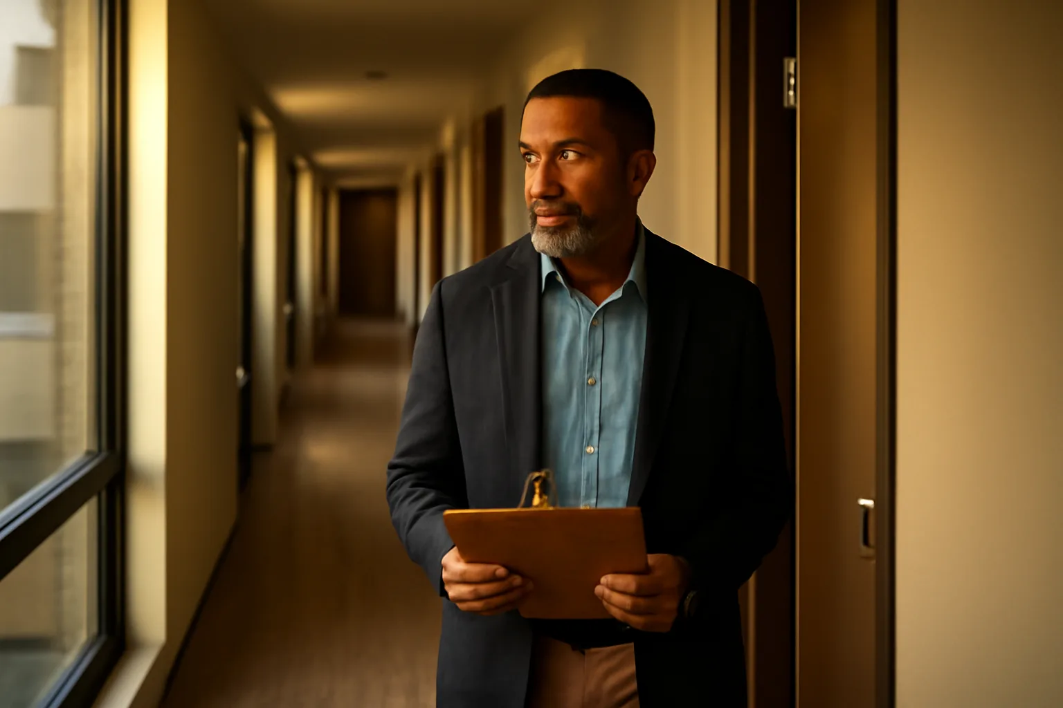 Landlord standing in apartment hallway reviewing a unit before a rental inspection
