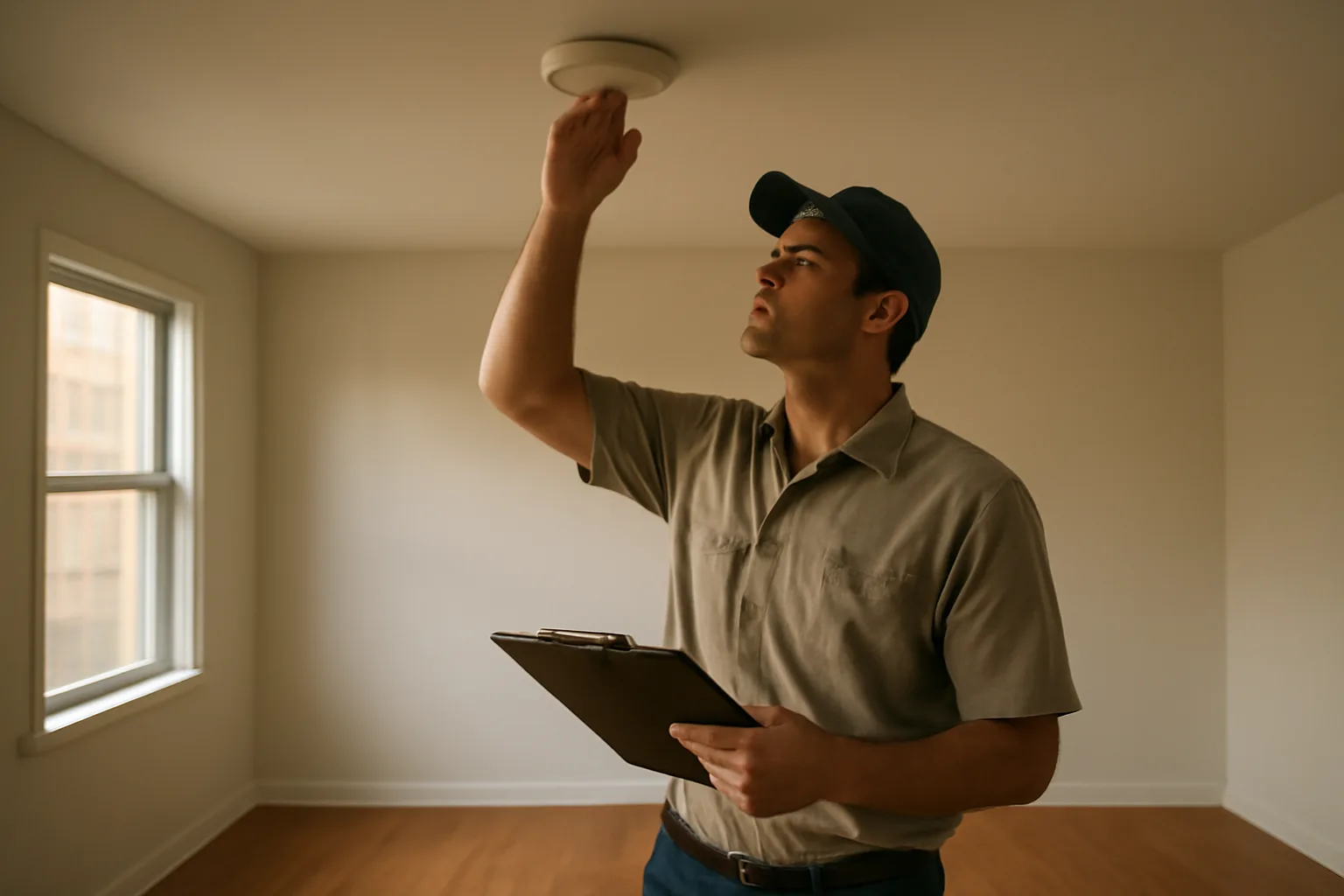Landlord checking a smoke detector during a rental unit inspection walkthrough