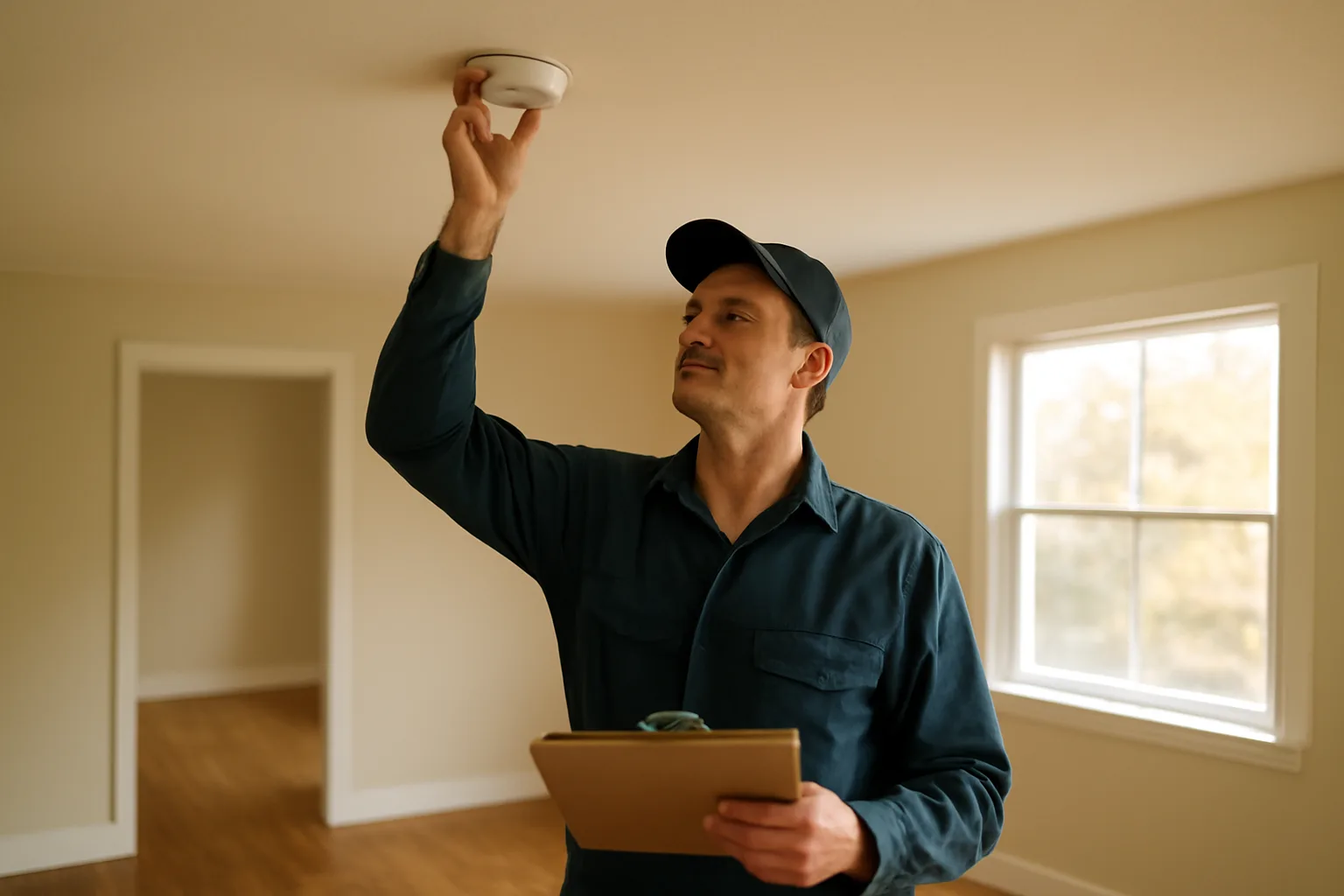 Landlord checking a smoke detector during a rental unit walk-through inspection