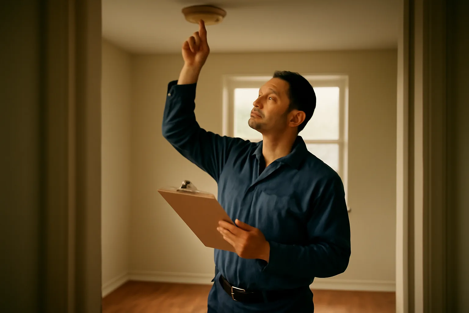 Landlord checking a smoke detector during a rental unit walk-through inspection