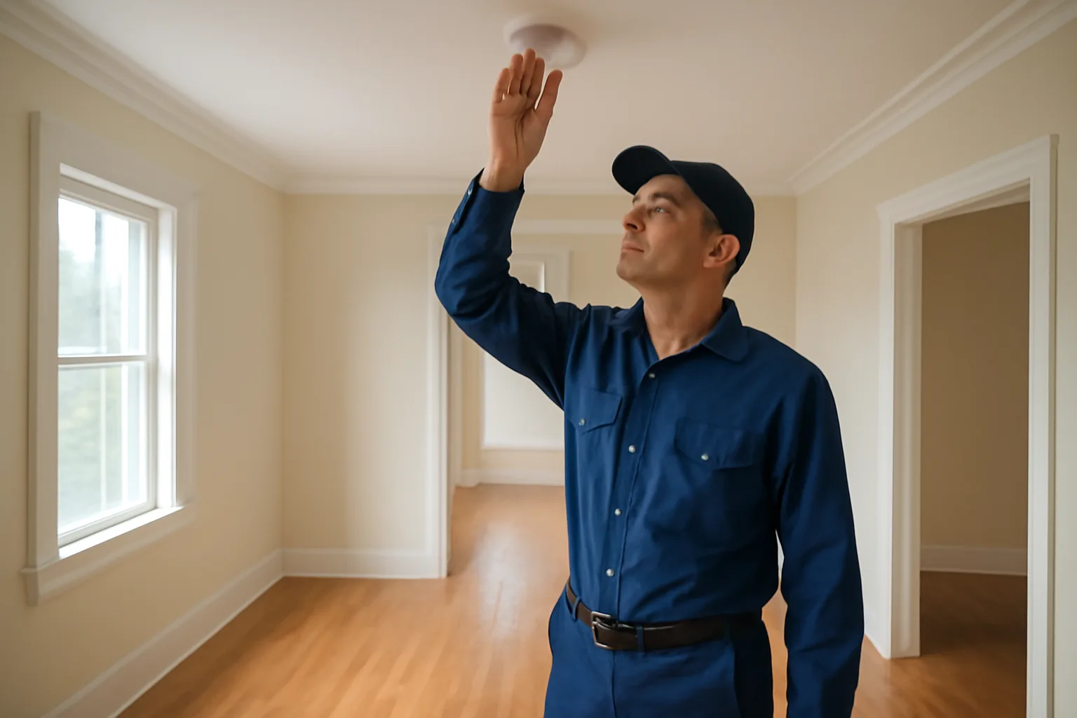 Landlord inspecting a smoke detector in an empty rental unit during daylight