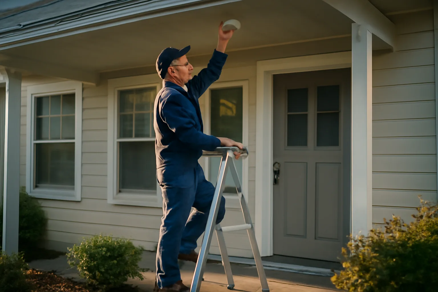 Landlord checking a smoke detector on a small rental duplex porch