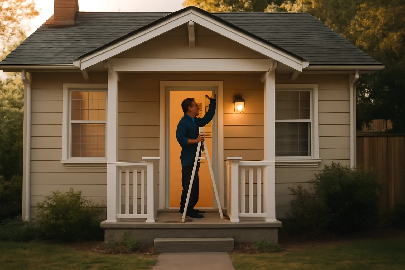 landlord on a ladder checking a smoke detector inside a rental house doorway