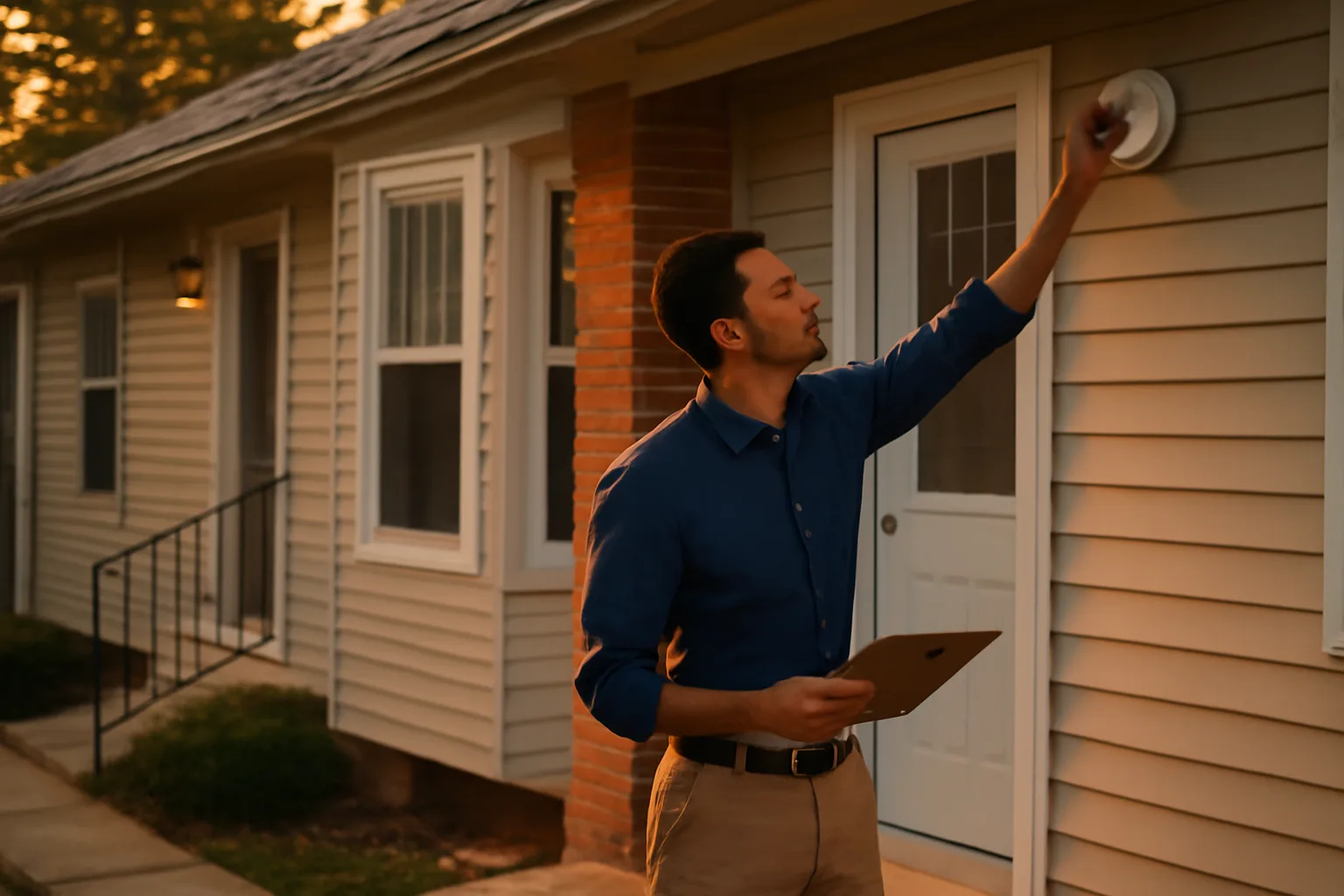 Landlord inspecting a smoke detector outside a small rental duplex at dusk