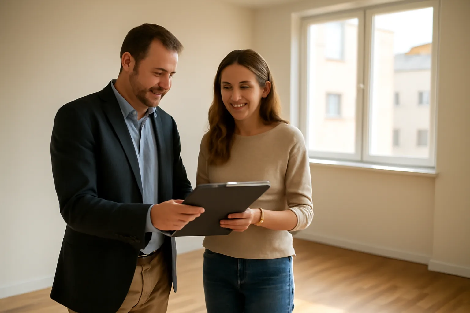 Landlord and prospective tenant reviewing application in empty sunlit rental unit