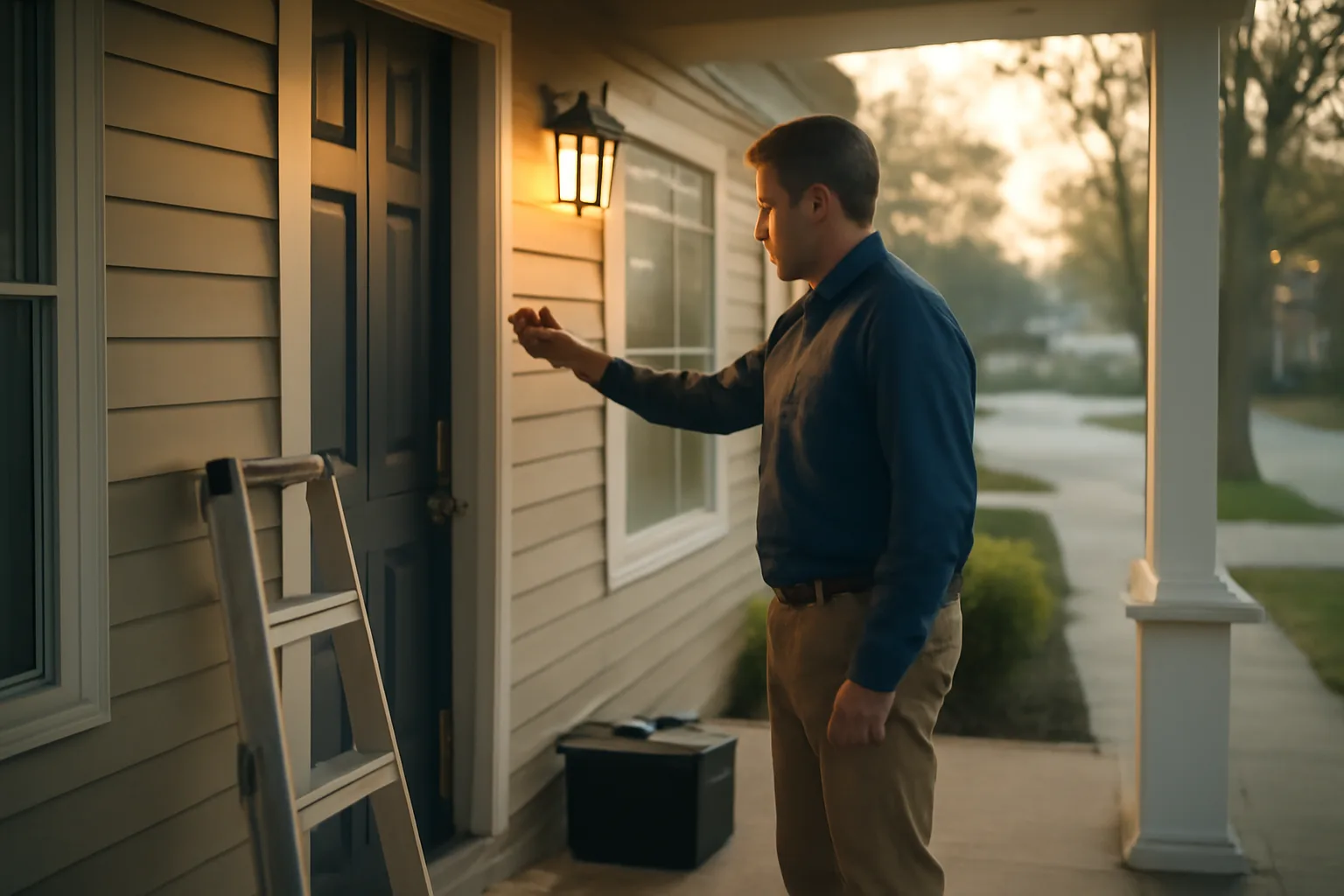 Landlord giving notice by knocking on a tenant's door at sunrise