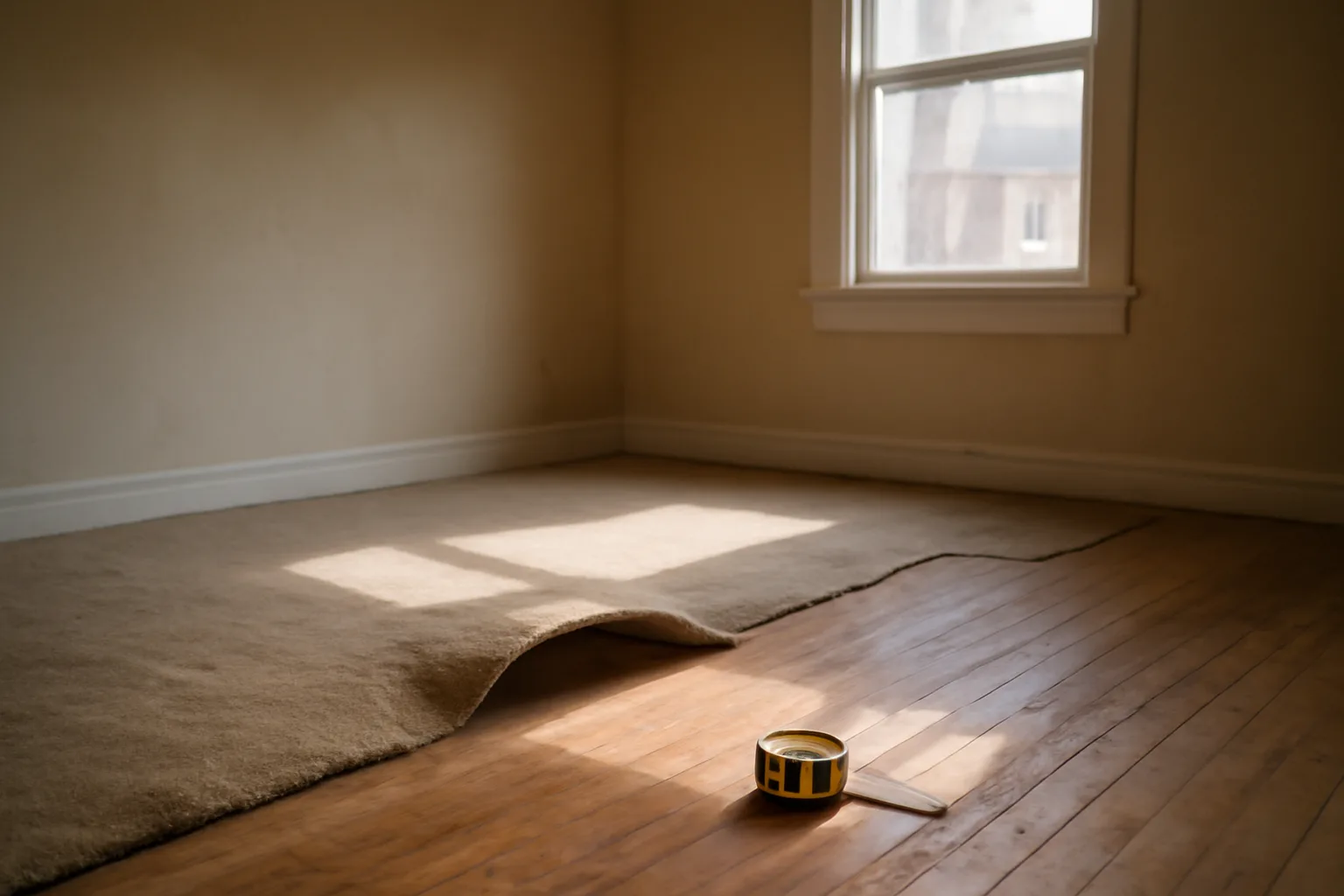 Worn carpet partially removed from a rental apartment floor during renovation