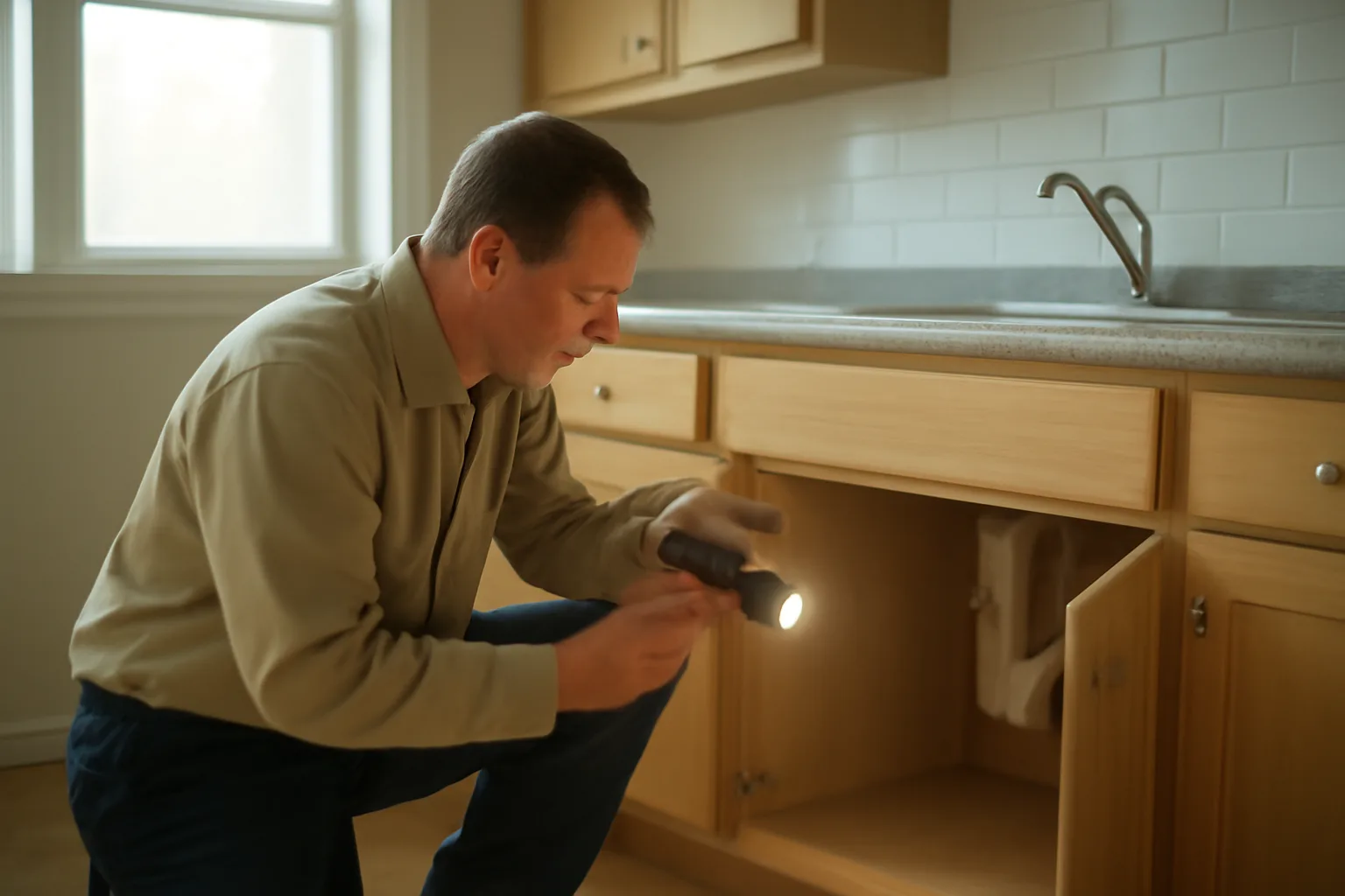 Landlord inspecting under a kitchen sink in an empty rental unit during the day