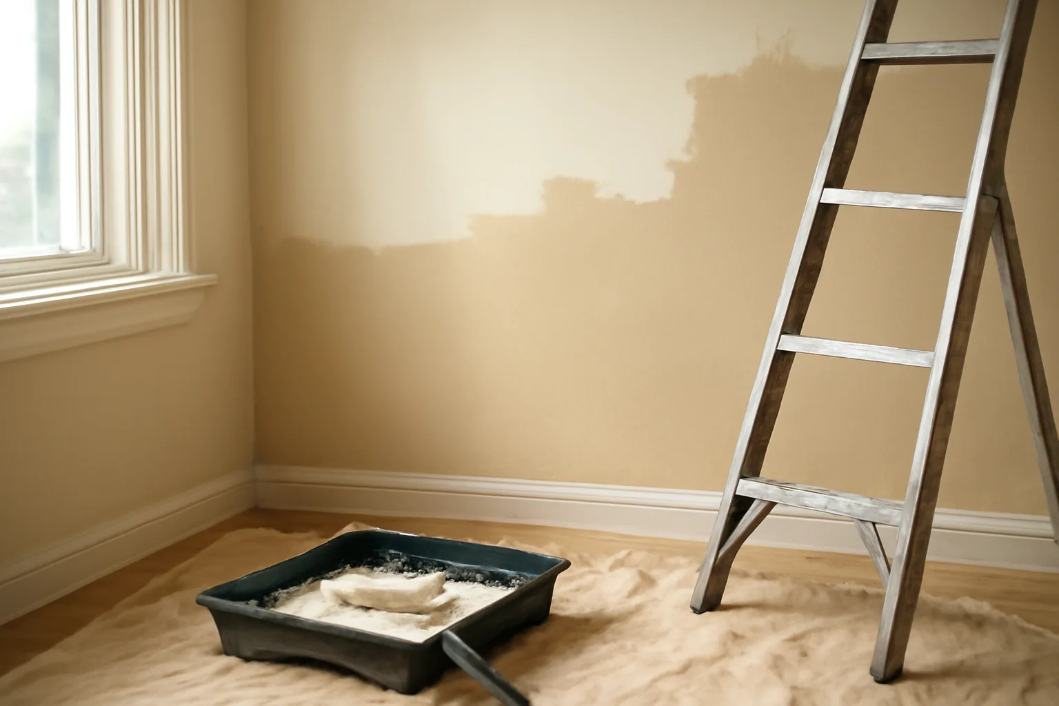 Landlord repainting an empty rental apartment wall with roller and drop cloth