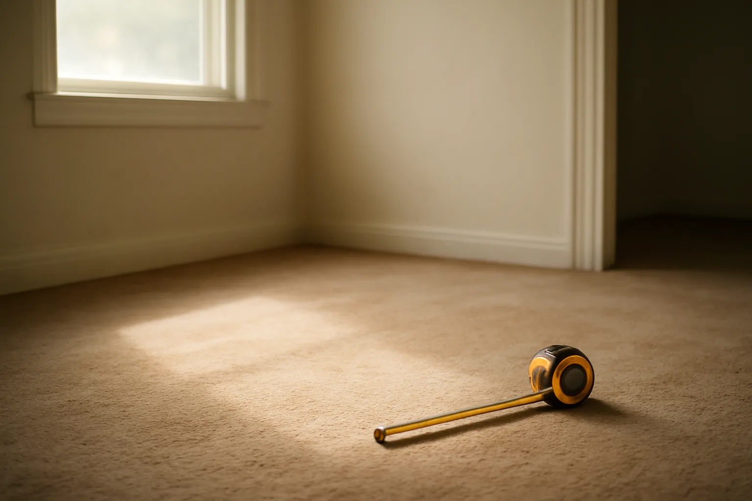 Worn carpet in empty rental bedroom showing wear pattern near doorway
