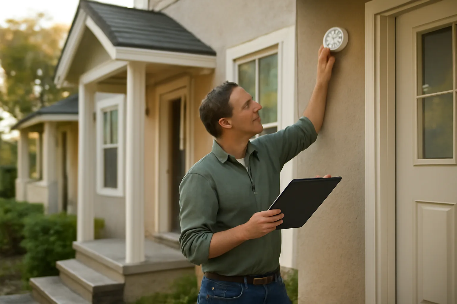 landlord inspecting a smoke detector outside a small rental duplex in morning light