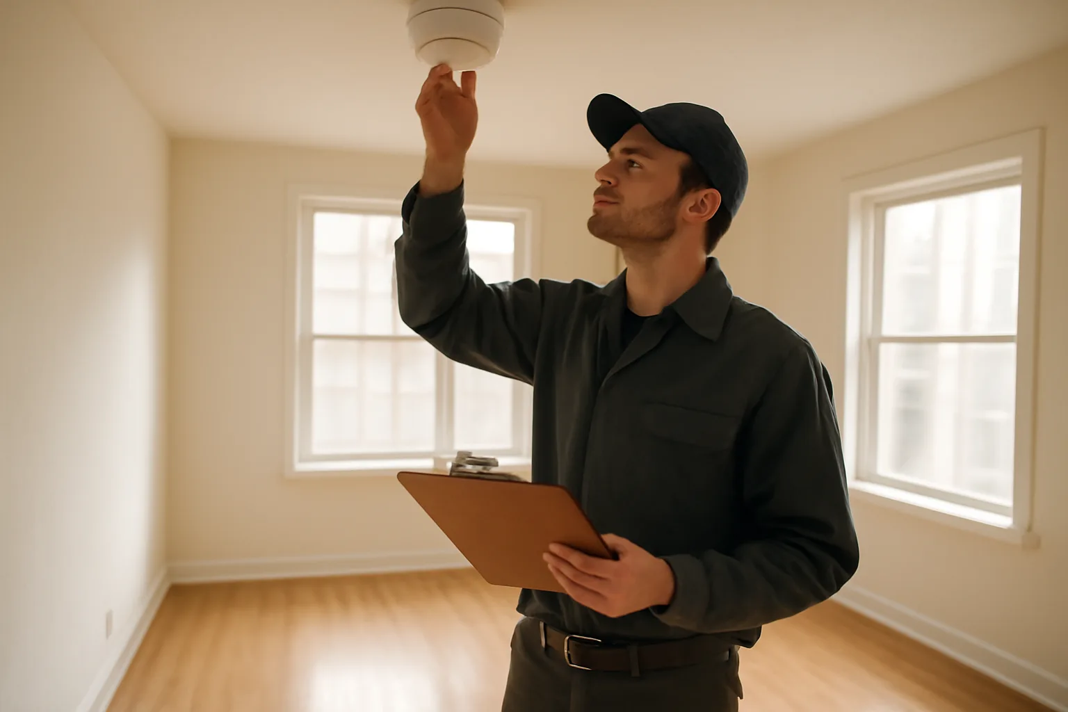 Landlord checking a smoke detector during a rental property inspection walk-through