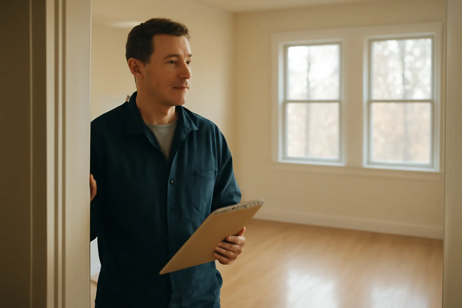 Landlord reviewing an empty rental unit during a walk-through inspection