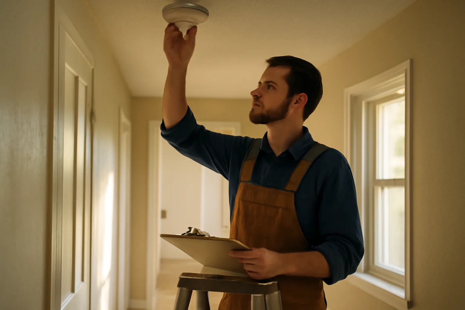 Landlord inspecting a smoke detector during a rental property walk-through inspection