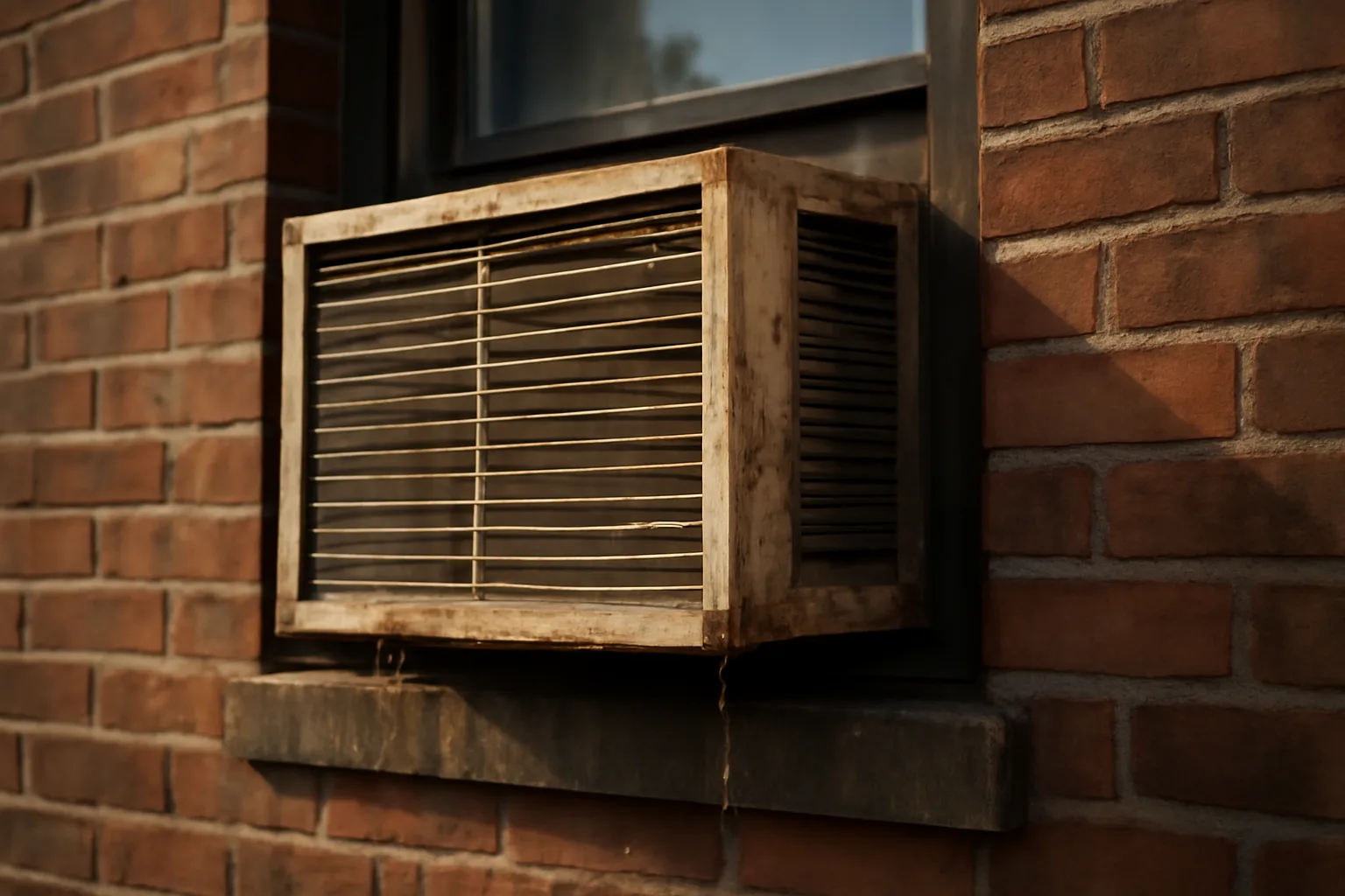 Window air conditioning unit in a brick apartment building under summer afternoon light