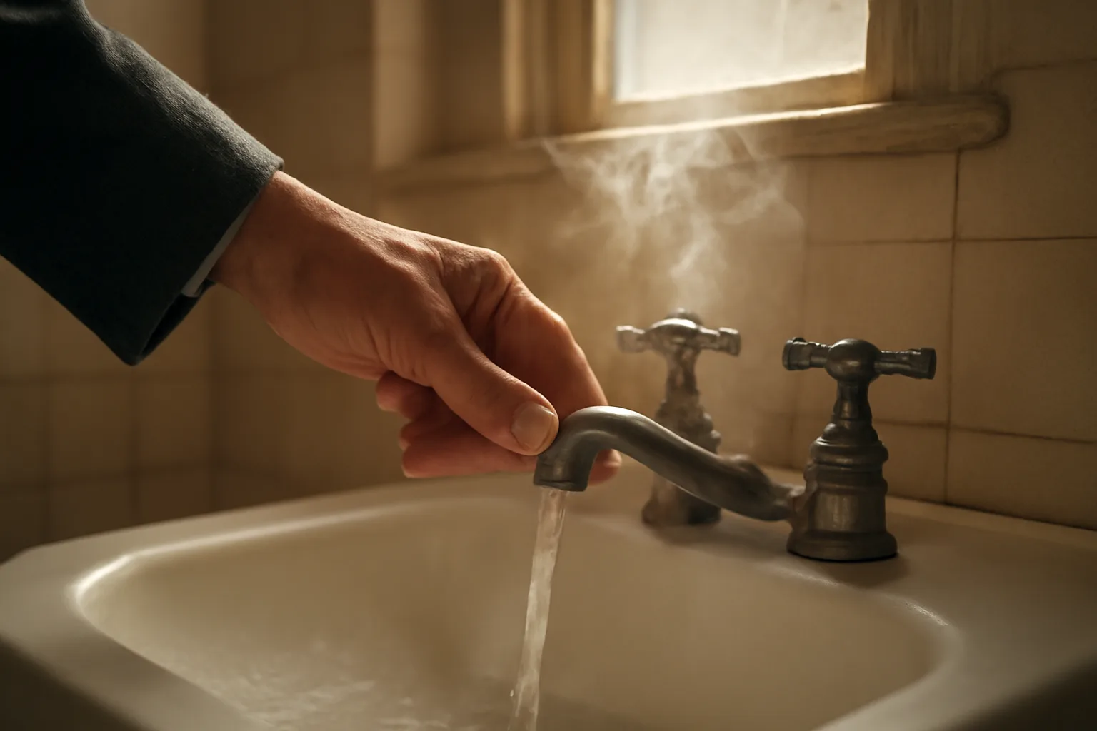 Landlord testing hot water temperature at a rental apartment bathroom faucet
