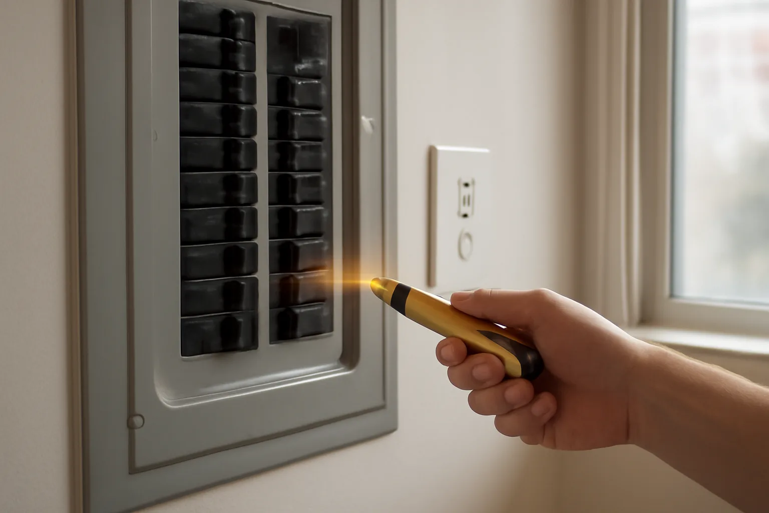 Landlord checking an electrical outlet with a tester in a rental apartment