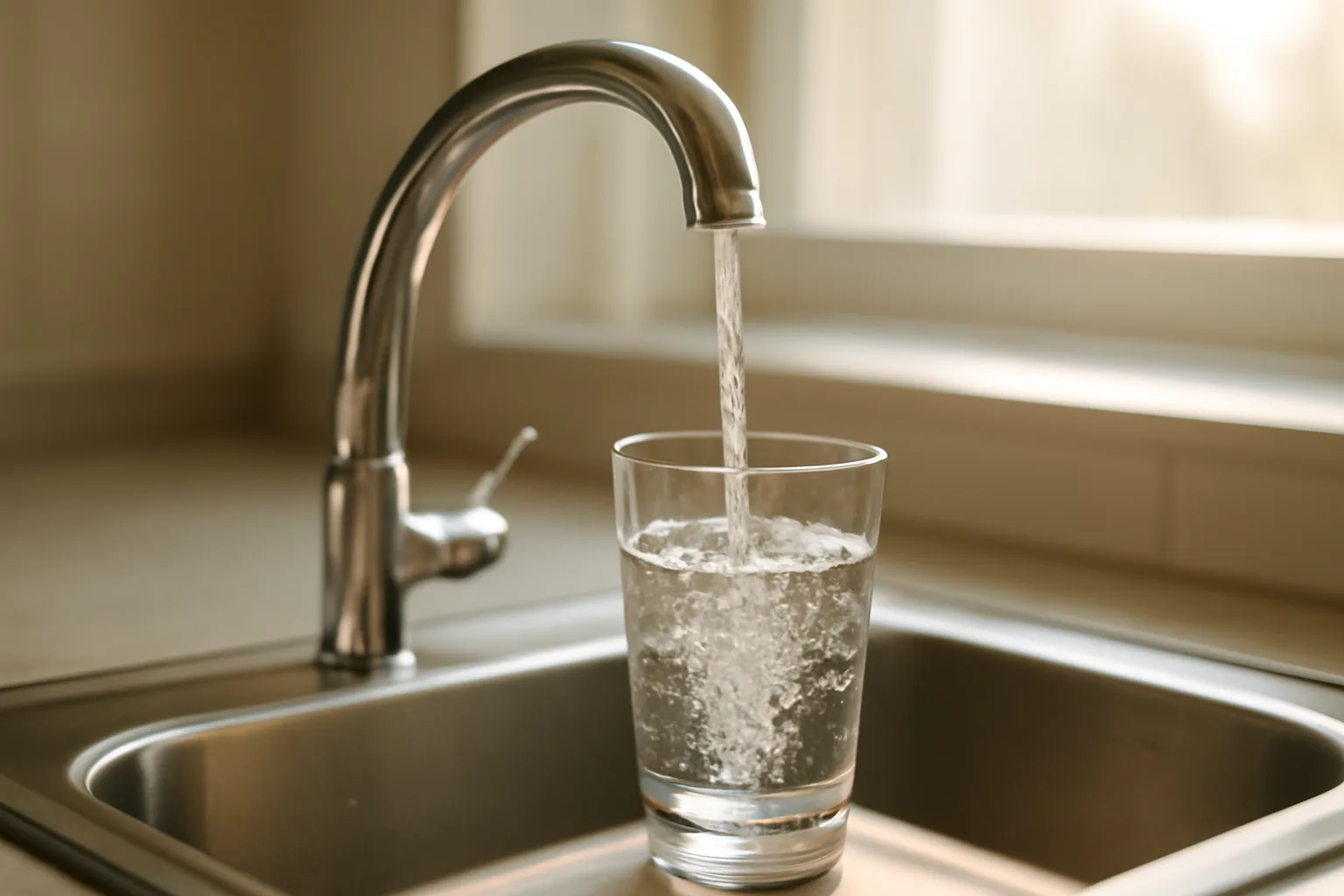Water running from a kitchen faucet into a glass in a rental unit