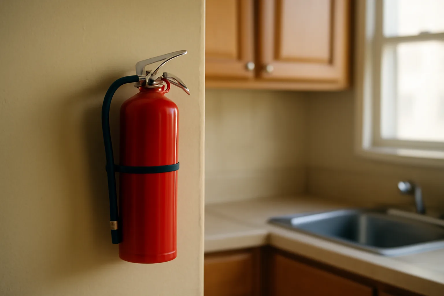Fire extinguisher mounted on kitchen wall in a rental apartment